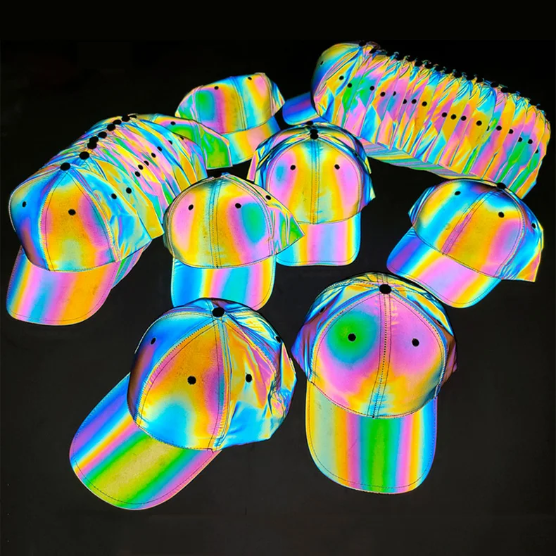 new trend nightclub hip hop leisure gym sports riding high vision rainbow iridescent reflective cap bucket hat for women male