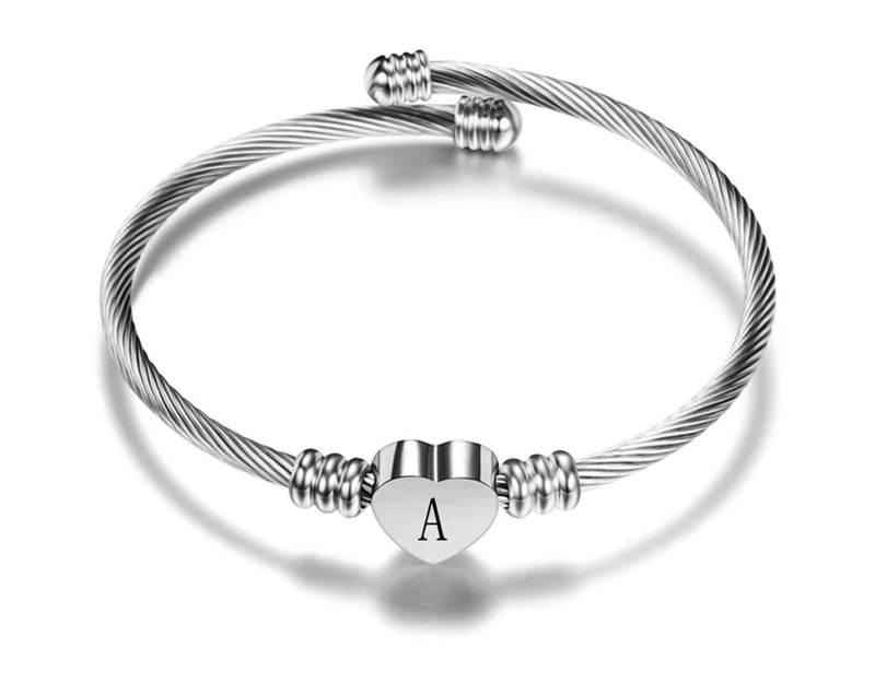 Fashion personality cable design cuff heart charm stainless steel bangle bracelet