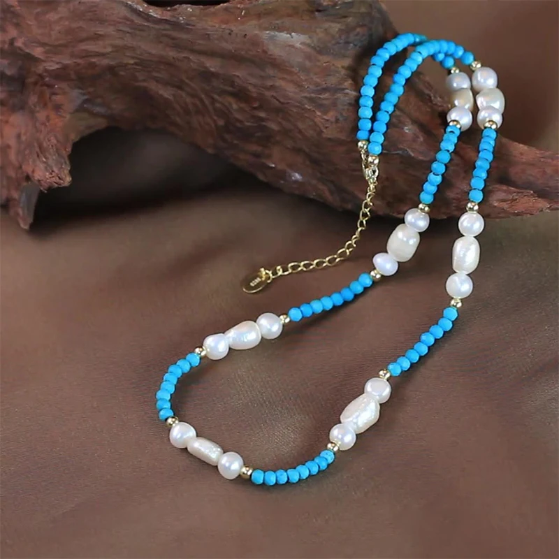 Elegant Vintage Natural Stone Freshwater Pearl Turquoise Necklace for Women