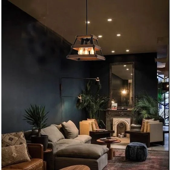 LOG BARN Small Pendant Lighting, 1 Light Chandelier for Foyer in Brushed Silver Metal & Faux Wood Finish,Island Hanging Light