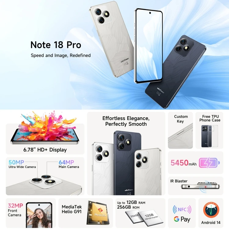 Wholesale Ulefone Note 18 Pro 4G Smart Mobile Phone 6GB+256GB Face ID 6.78 inch Android 14 5450mAh Battery Support Google Play