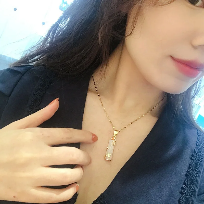 New Arrival Real Gold Plated Stainless Steel Necklace Long Bamboo Shape Pink Natural Jade Pendant Necklace For Women