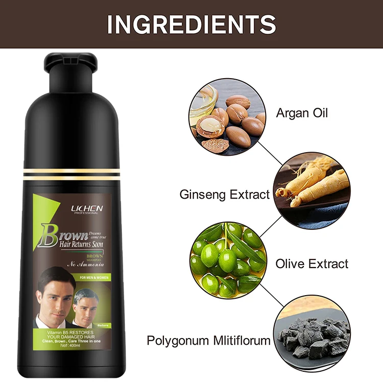 High Premium Dark/light Brown Hair Color Shampoo Long-lasting Formula Without Chemicals Hair Blacken 2 in 1 Organic