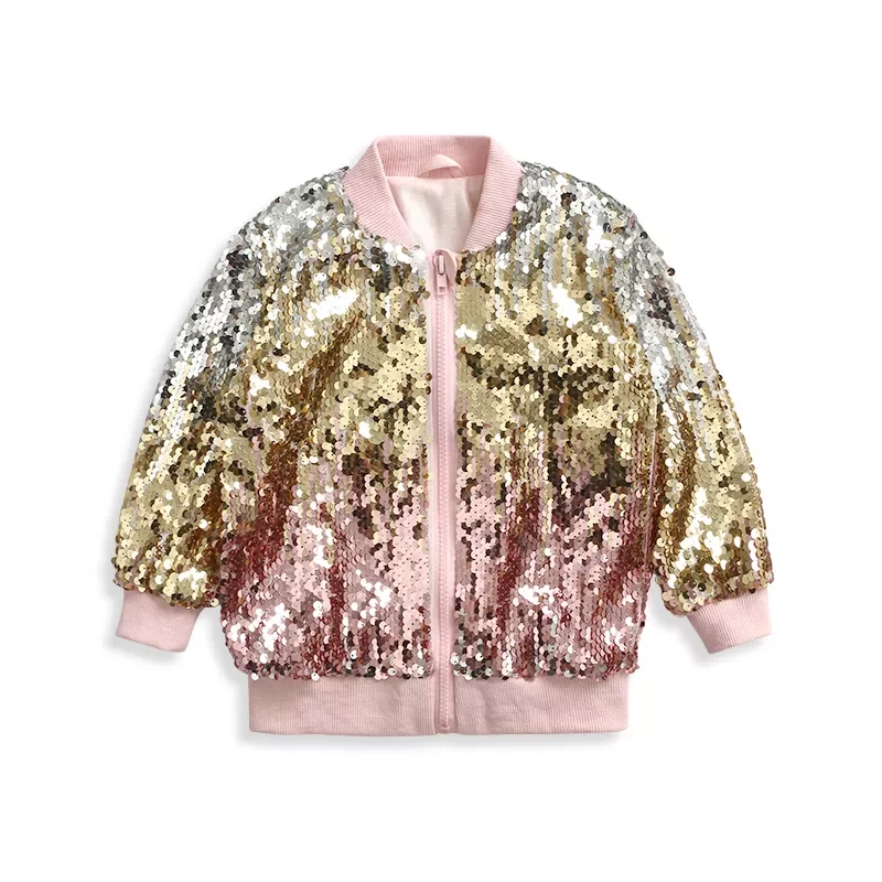 Fancy Spring Kids Top Tie Dye Sequined Long Sleeve Rib Cuff Hem Bomber Jacket Zipper Reversible Sequin Coat For Girl
