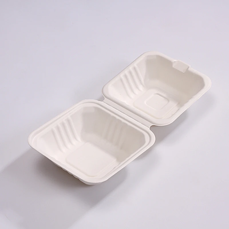PCT061 6 Inch 500ml Bagasse Disposable Biodegradable Food Container Bagasse Clamshell Food Packaging Box American Lunch Boxes