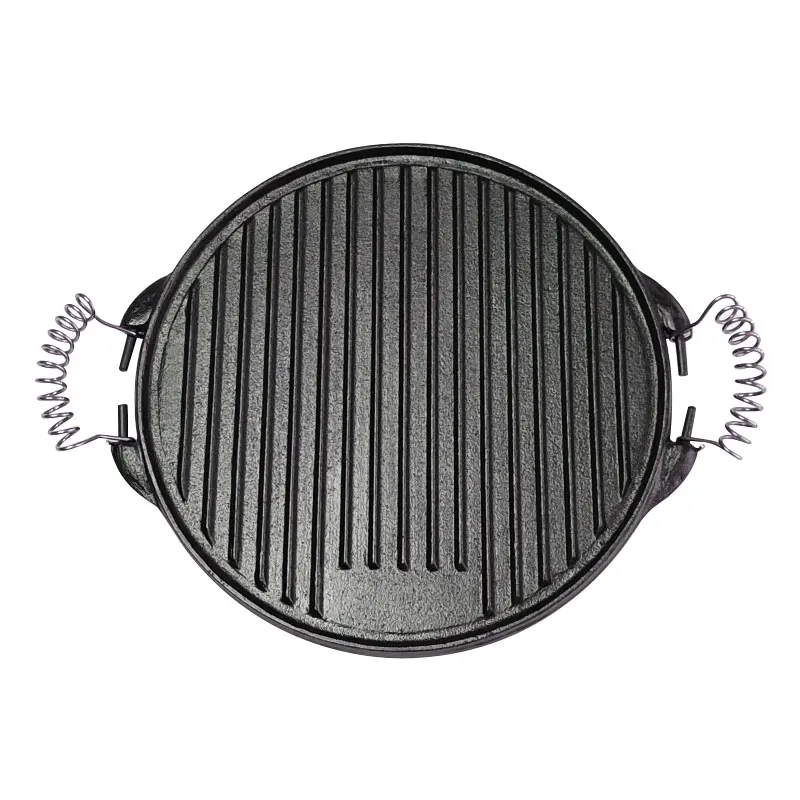 2 in 1 Pre-seasoned Grill Plate 10 inch Reversible Round Cast Iron Griddle Double Burner Griddle with Removable Coil Handles