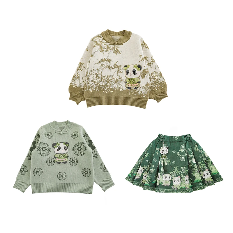 YOEHYAUL D3695 Winter Chinese Horse Face Skirt Set for Girls Cute Panda Embroidery Pullover Knitted Sweater Set for Children