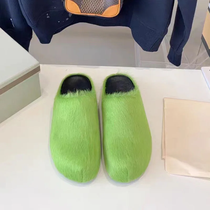 Customized Summer Fashion Indoor Ladies Fur Plush Slippers Women Flat Shoes With Real Fur