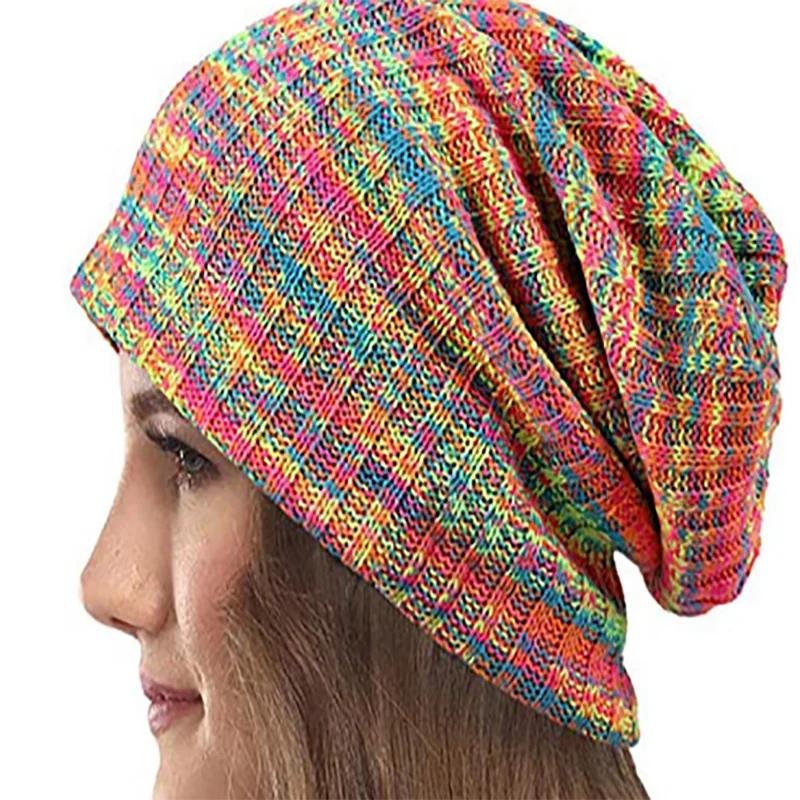 European And American Autumn And Winter Pile Hat Mixed Color Knitted Wool Hat Double Layer Fleece Warm Pullover Hat Couple Model