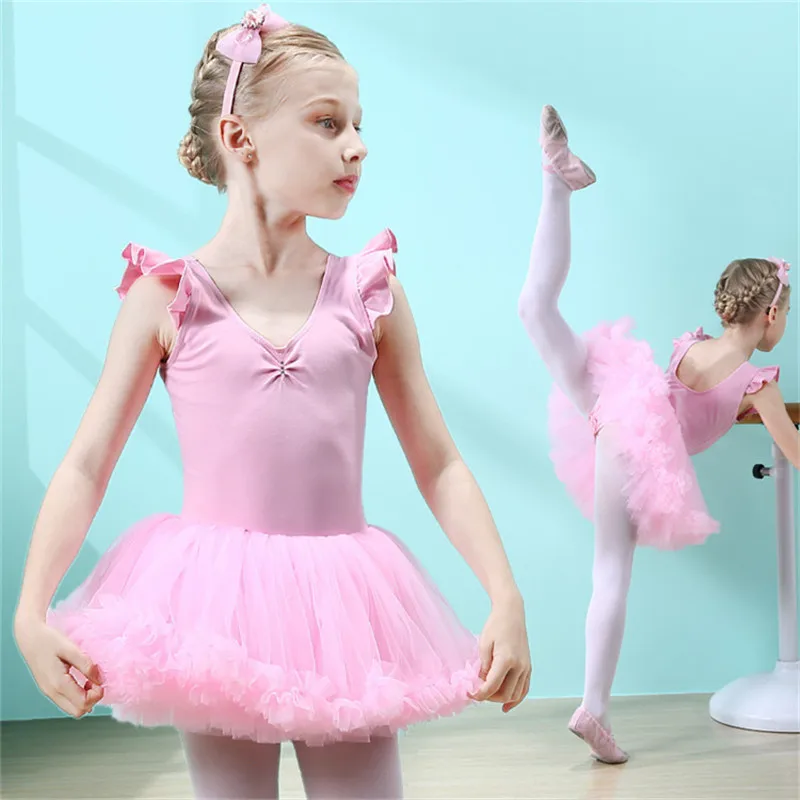Hot Sale High Quality Cute Kids Girls Pink Light Purple Ballet  Tutu Dance Dress Flutterfly Sleeves Ballet Costume