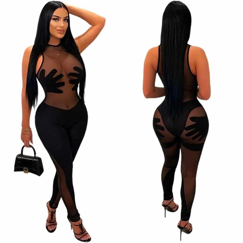 New Trendy Sexy Transparent Mesh Patchwork Women Bodysuit Jumpsuit Summer Sleeveless Slim Club Mesh Jumpsuit