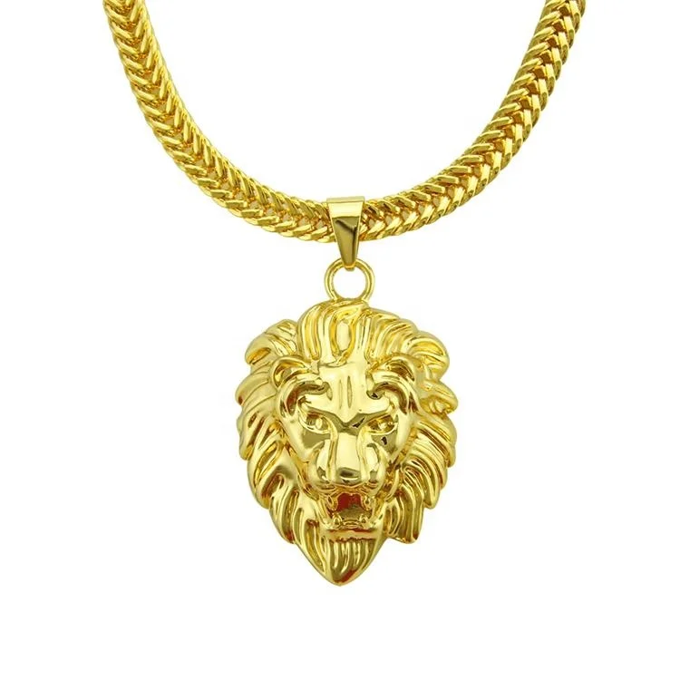 Hip hop gold snake chain with alloy and diamond lion head pendant necklace