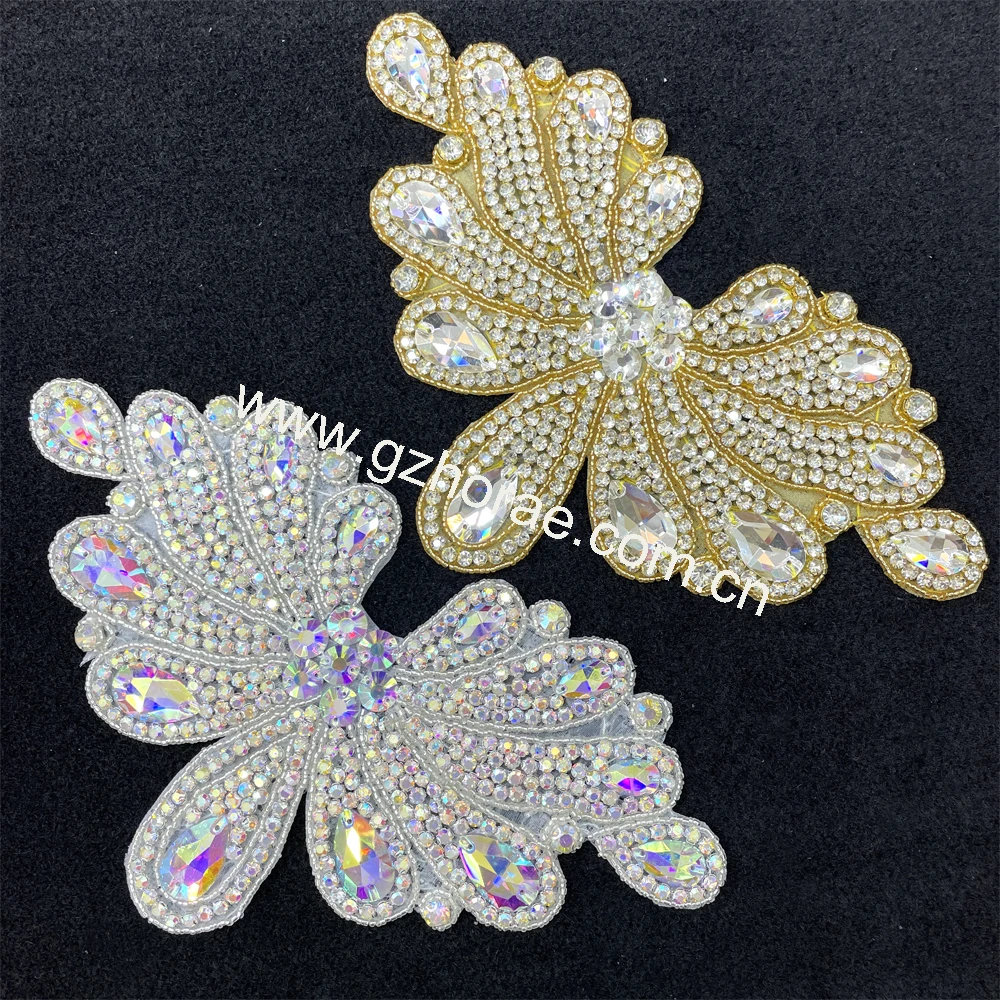 PE010 luxury glass beaded wing  silver crystal patches rhinestone applique for decoration