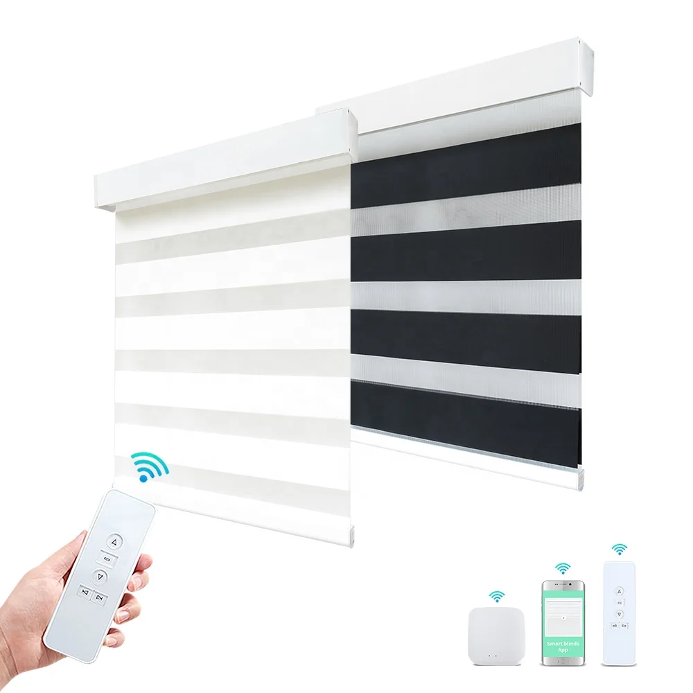 Customized Size Smart WiFi Google Control Screen Fabric Automatic Battery Operated Motorized Zebra Blinds For Home Or Office