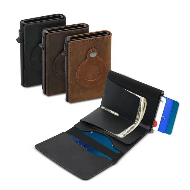 Pop Up Wallet Genuine Leather Rfid Wallet Back With Airtag Tracker Protector Case Automatic Sliding Wallet