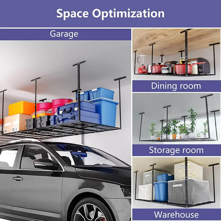 JH-Mech 4X8 Overhead Garage Storage Rack Adjustable Garage Storage Organization Heavy Duty Metal Garage Ceiling Storage Racks