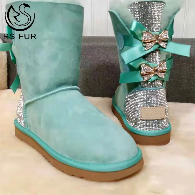 Зимние теплые женские сапоги из овечьей кожи на заказ, меховые сапоги со стразами, уличные Нескользящие сапоги для снега