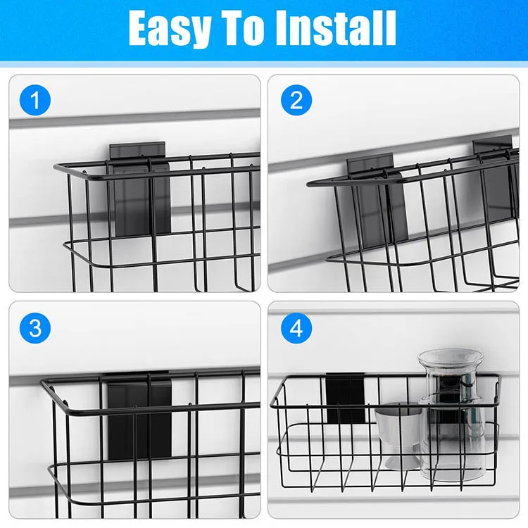 JH-Mech 4 Pcs Slatwall Panel Hanging Wire Basket Large Capacity Adjustable Height Zinc Plated Metal Wire Basket