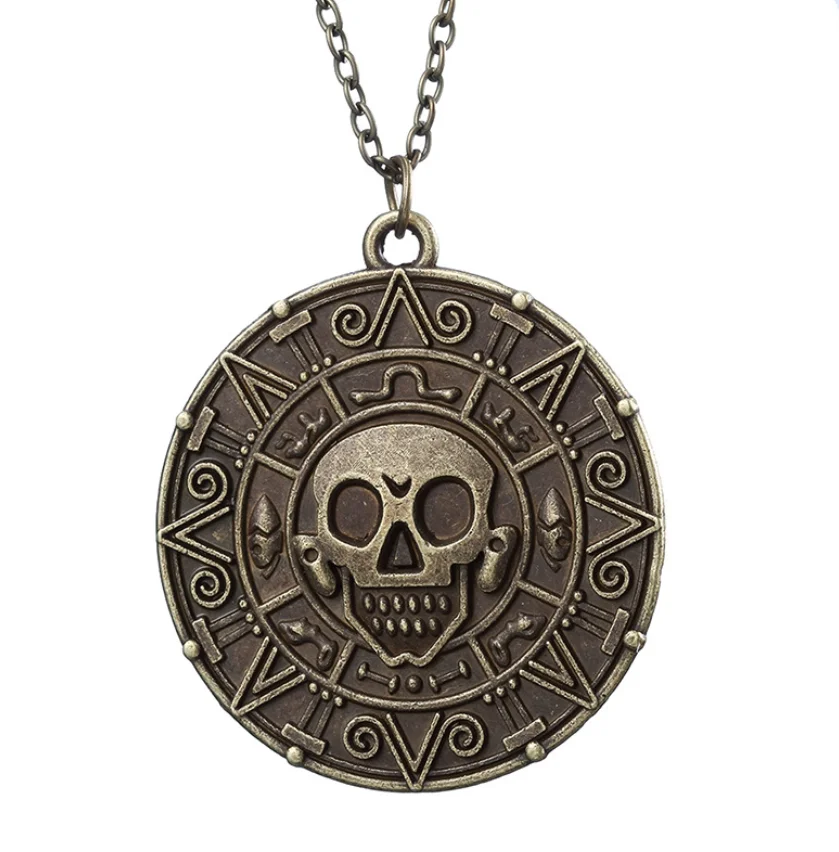 Halloween Cosplay Pirates Supplies Vintage Metal Coin Pendant Chain Medallion Necklace Party Hunt Treat Presents