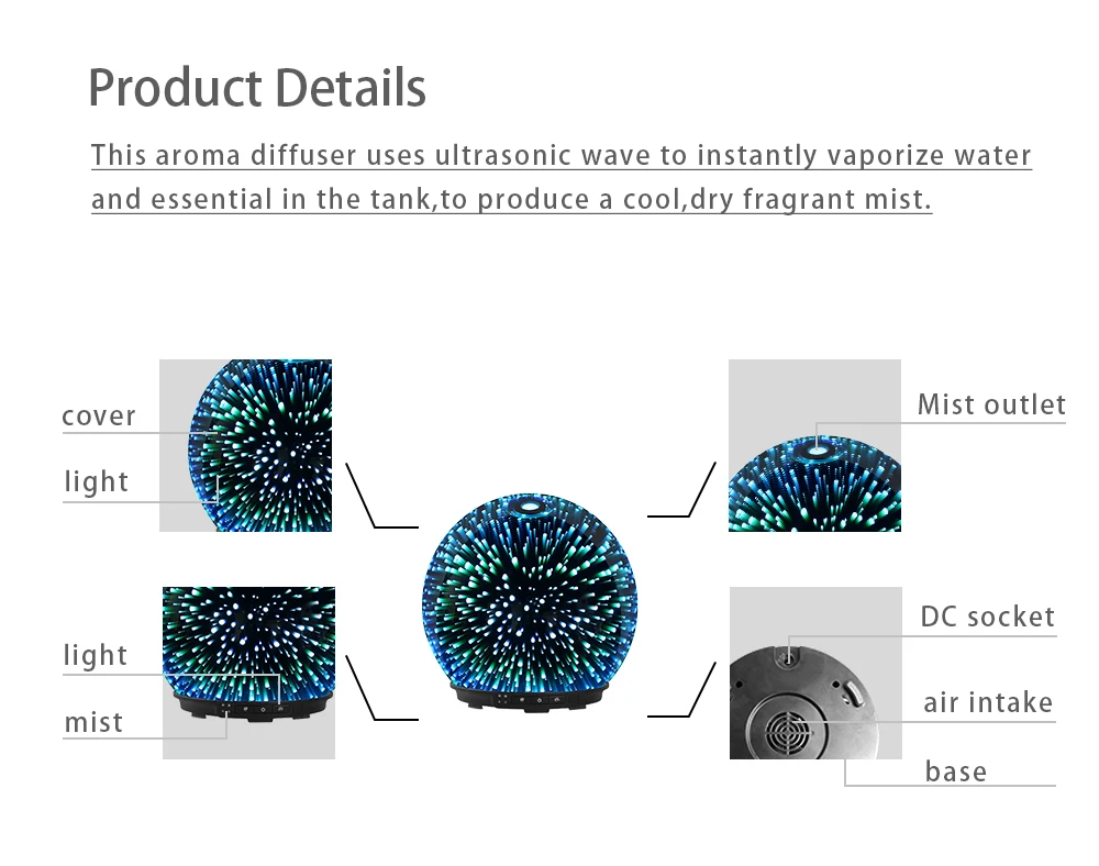 Ultrasonic Air Humidifier Essential Oil diffuser 3d effect glass commercial aroma diffuser with CE ROHS FCC timer