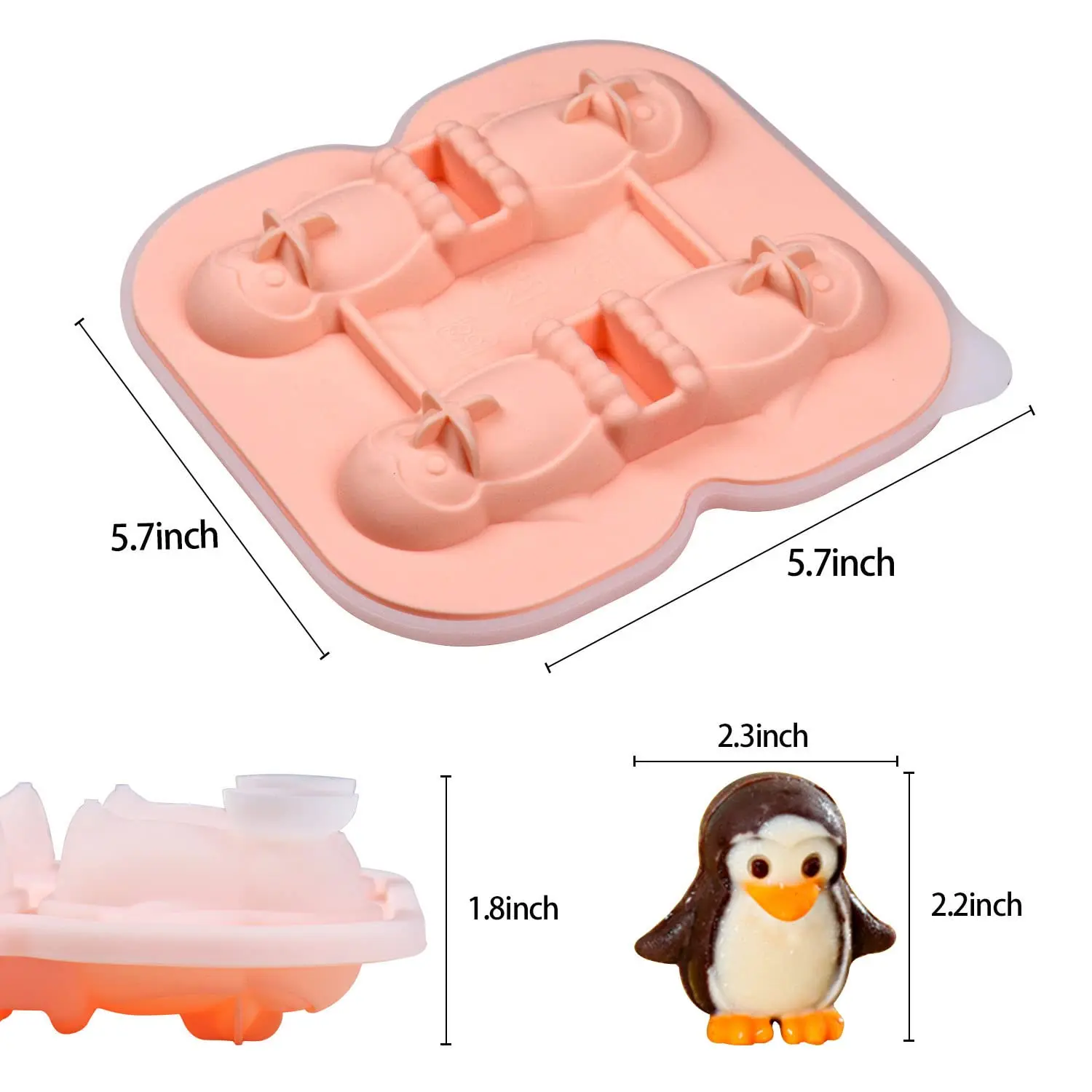 Food Grade Silicone Ice Mold with Clear Funnel-type Lid 3D Penguin Ice Cube Mold, Penguin Shape Ice Cube Tray