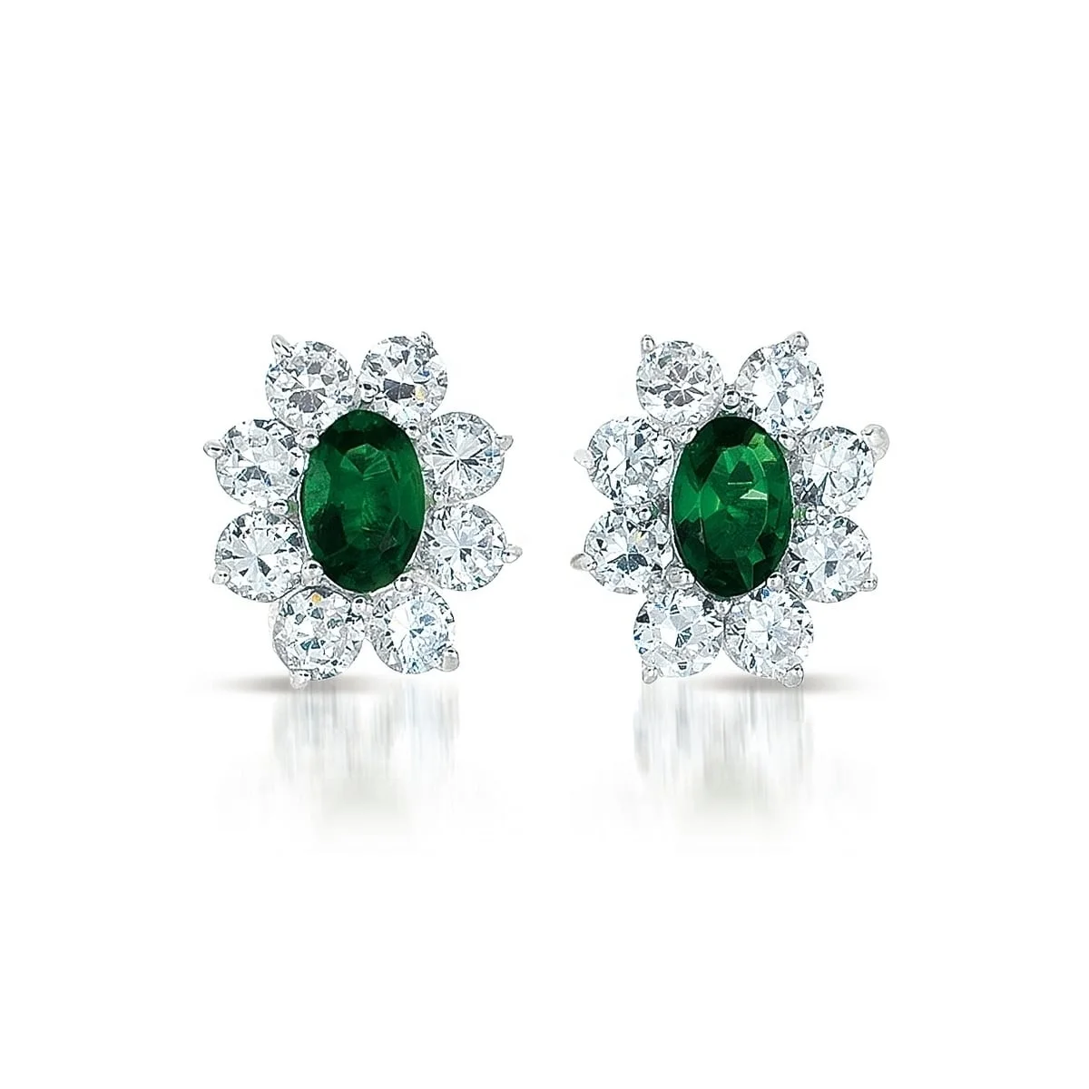 925 Sterling Silver Oval Cut Emerald With Clear Round Zircon Flower Design Stud Earrings