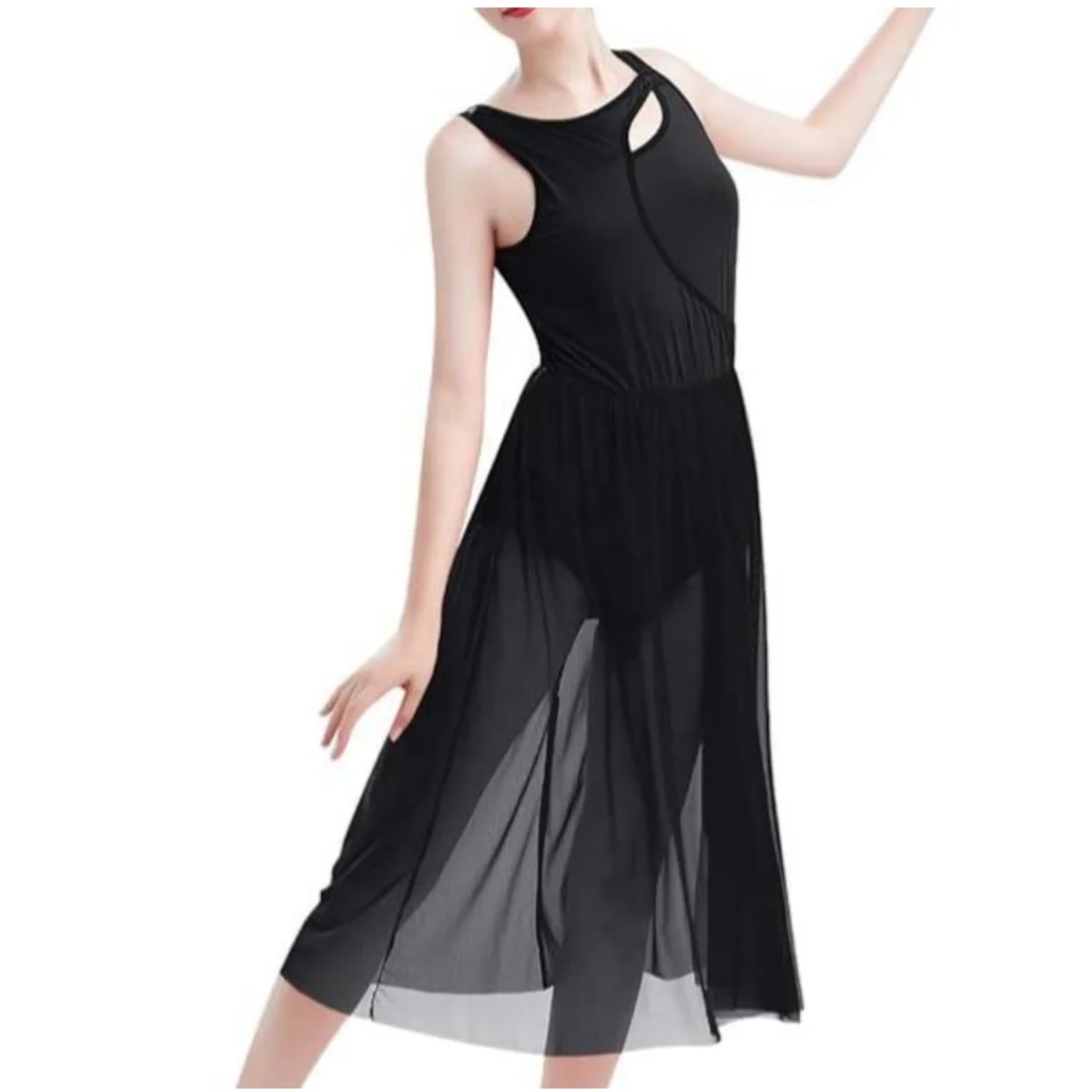 Lyrical Dance Costumes for Women Contemporary Dancewear Sleeveless Cut Out Front Mesh Tulle Maxi Dress