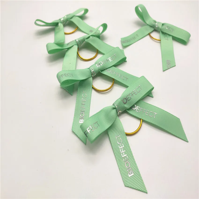 Personalized Logo Hot Silver Foil Printed Grosgrain Ribbon Bows with Elastic Loop