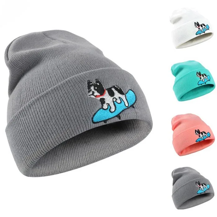 New Children Hat Toddler Kids Warm Winter Knit Hat Baby Cute Scooter Dog Embroidery Logo Slouch Beanies For Kids