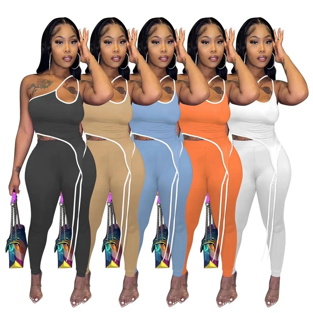 J&H 2022 new arrivals activewear set women chic one shoulder top and legging pants set slim fit sexy outfits