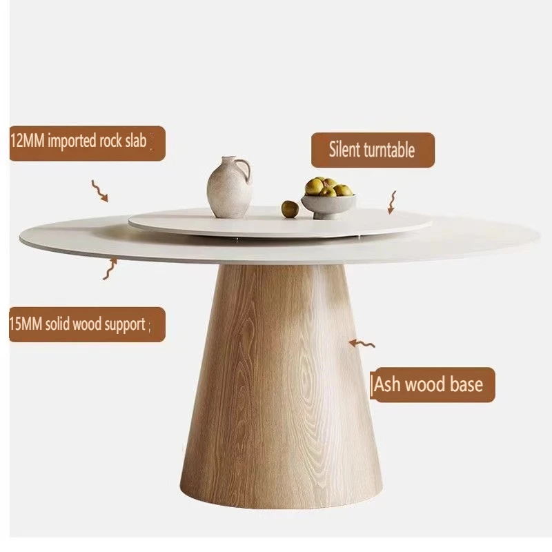Round Rock Slab Dining Table Modern Simple Home Dining Dinner Table with Turntable Solid Wood Base Strong Load-Bearing Capacity