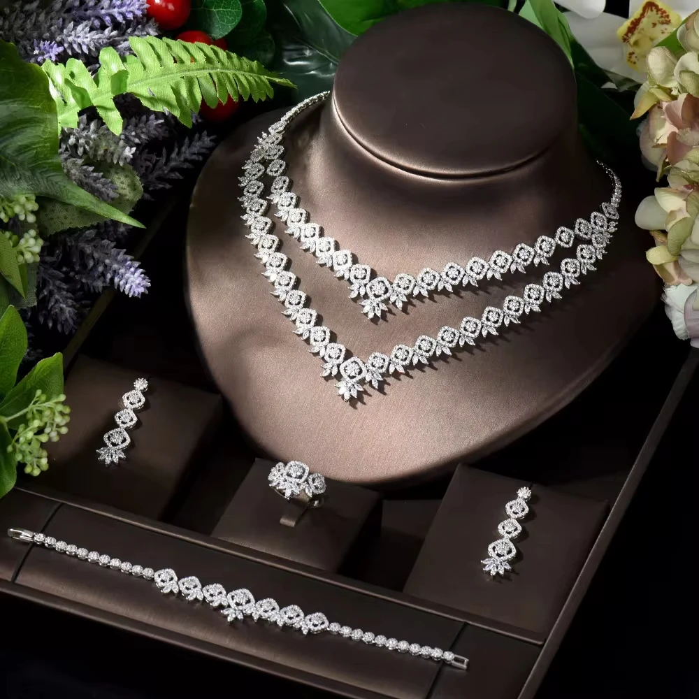 HIBRIDE Vintage Square Design 4pcs Necklace and Earring Set Two Layers Cubic Zirconia Jewelry Sets for Women Bridal Party N-985