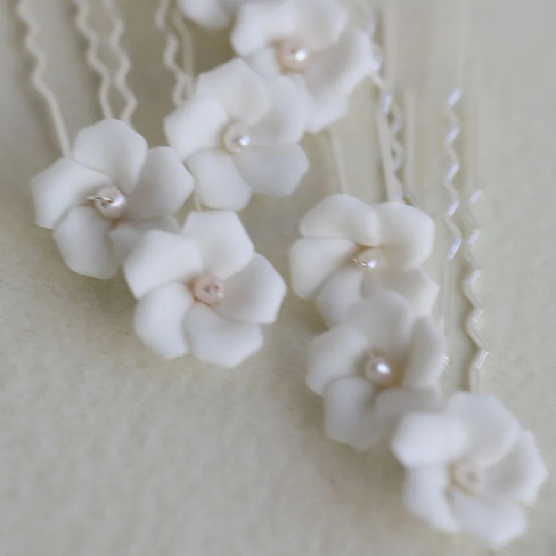 SLBRIDAL Handmade Porcelain Flower Freshwater Pearls Alloy Bridal Hair Pin Wedding Hair Sticker Women Jewelry Hair Accessories