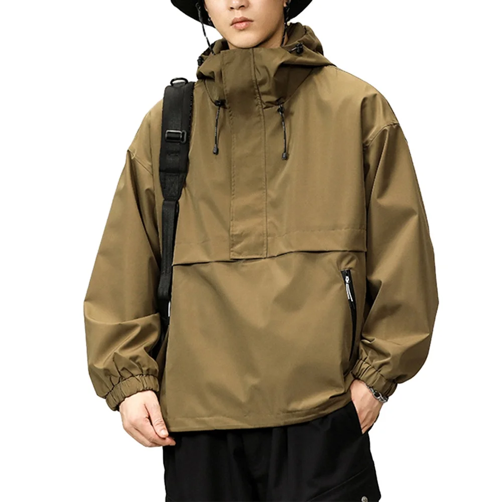 Doger Custom Mens Half Zip Pullover Anorak Jacket Raincoat Solid Color Hooded Hoodie Outdoor Casual Windbreaker Jacket For Men