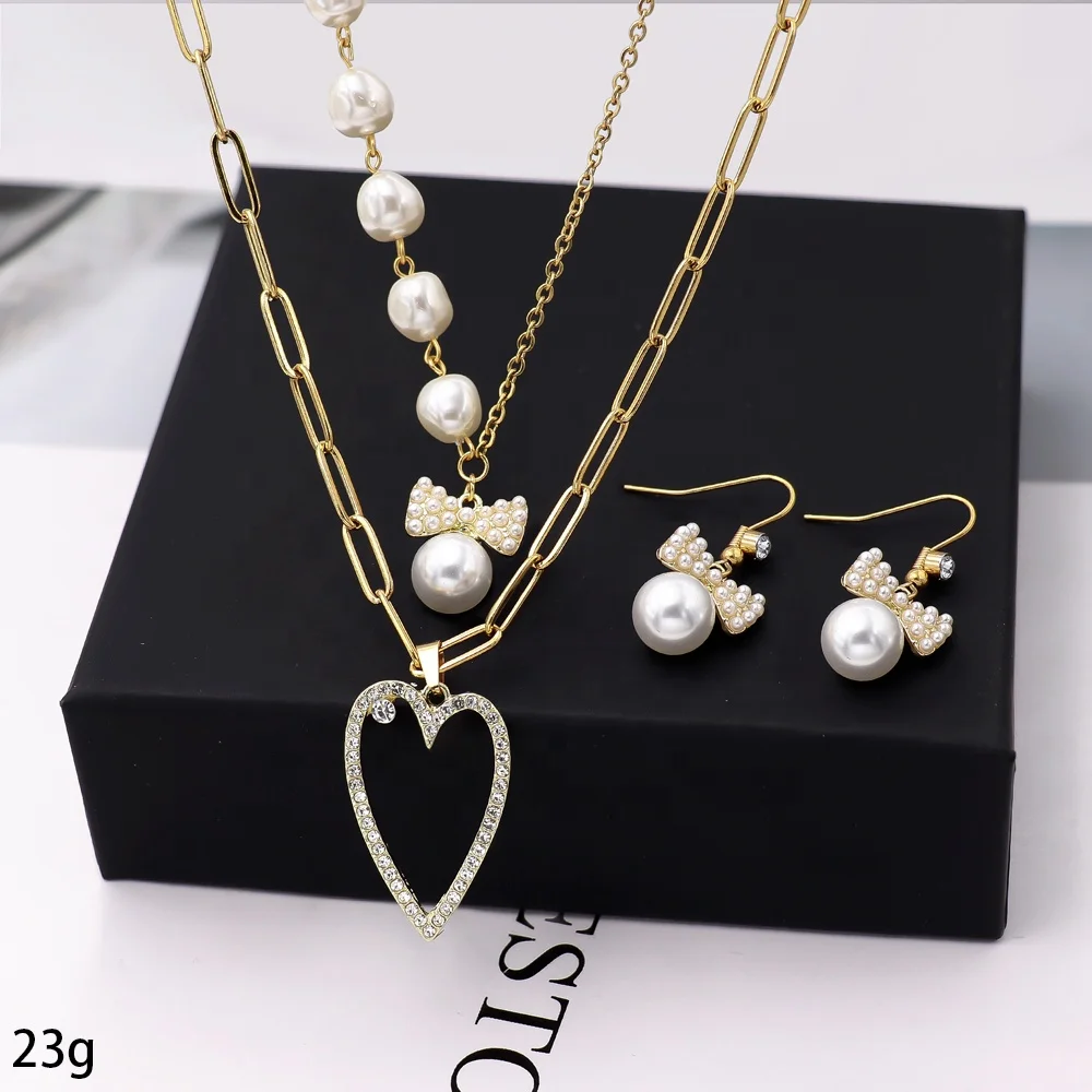 Stainless Steel Heart Star Pearl Pendant Earring Multi Layered  Necklace Jewelry Set