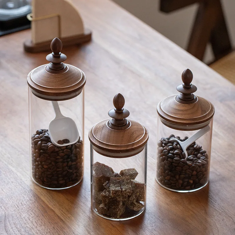 Coffee bean sealed jar coffee powder storage jar moisture proof storage glass jar with walnut lid wooden cover for tea container