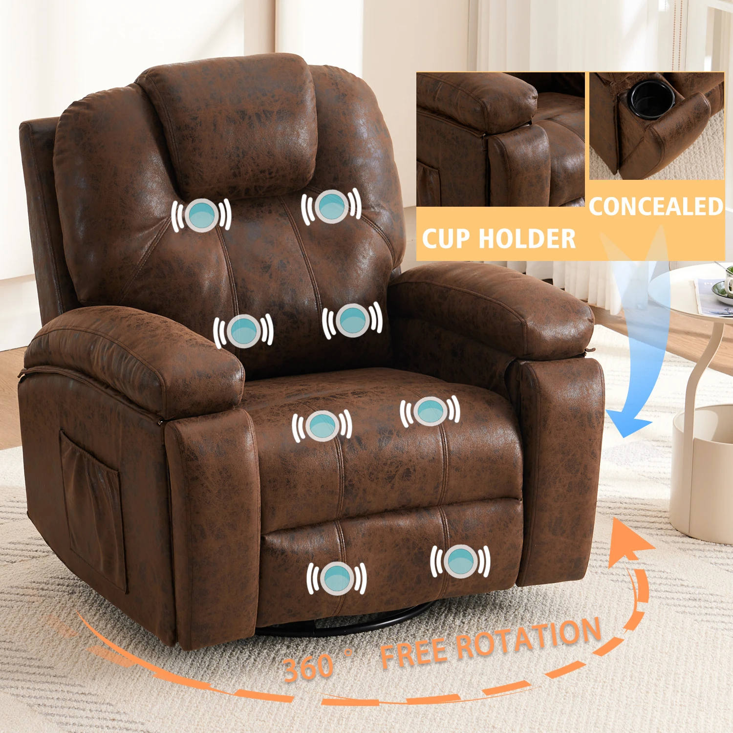 Modern Brown Bottom Wheeled Disc Recliner Sofa with Metal Frame Cinema Chair