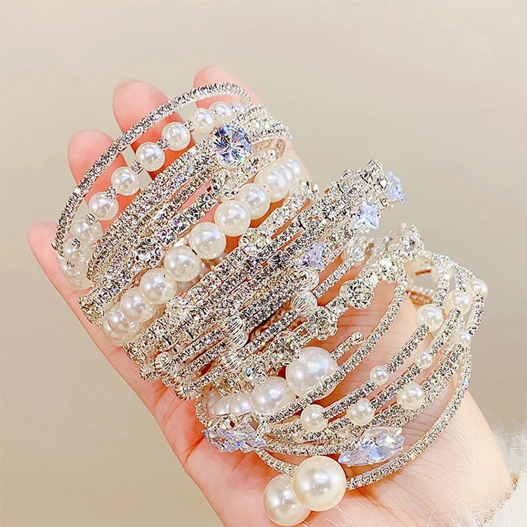 New Style rhinestone bangle for lady  Diamond-studded multi-layer winding   Double pearl bracelet