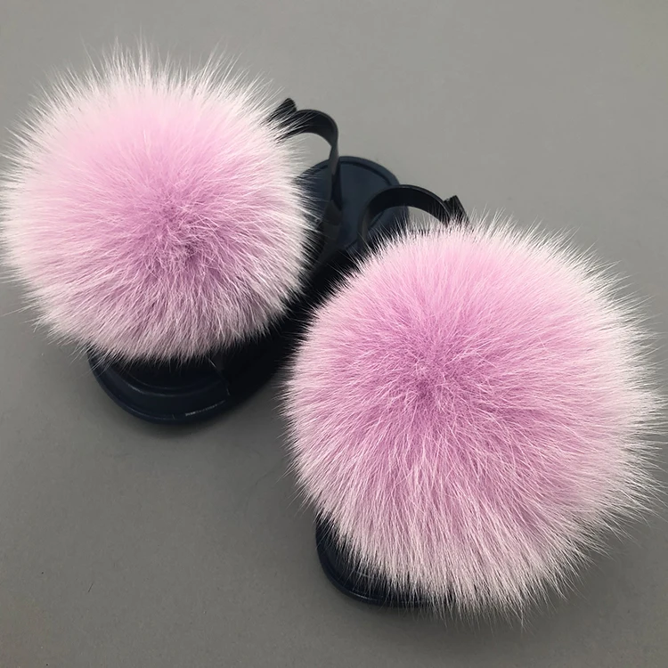 
Detachable big fluffy pom ball fox fur slides for toddlers kids with strap 
