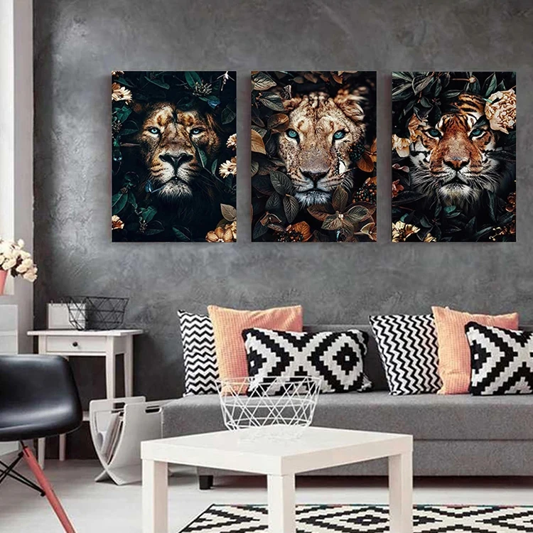 Flower Animal Lion Tiger Deer Leopard Abstract Canvas Painting Wall Art Nordic Print Poster Decorative Picture Living Room Decor