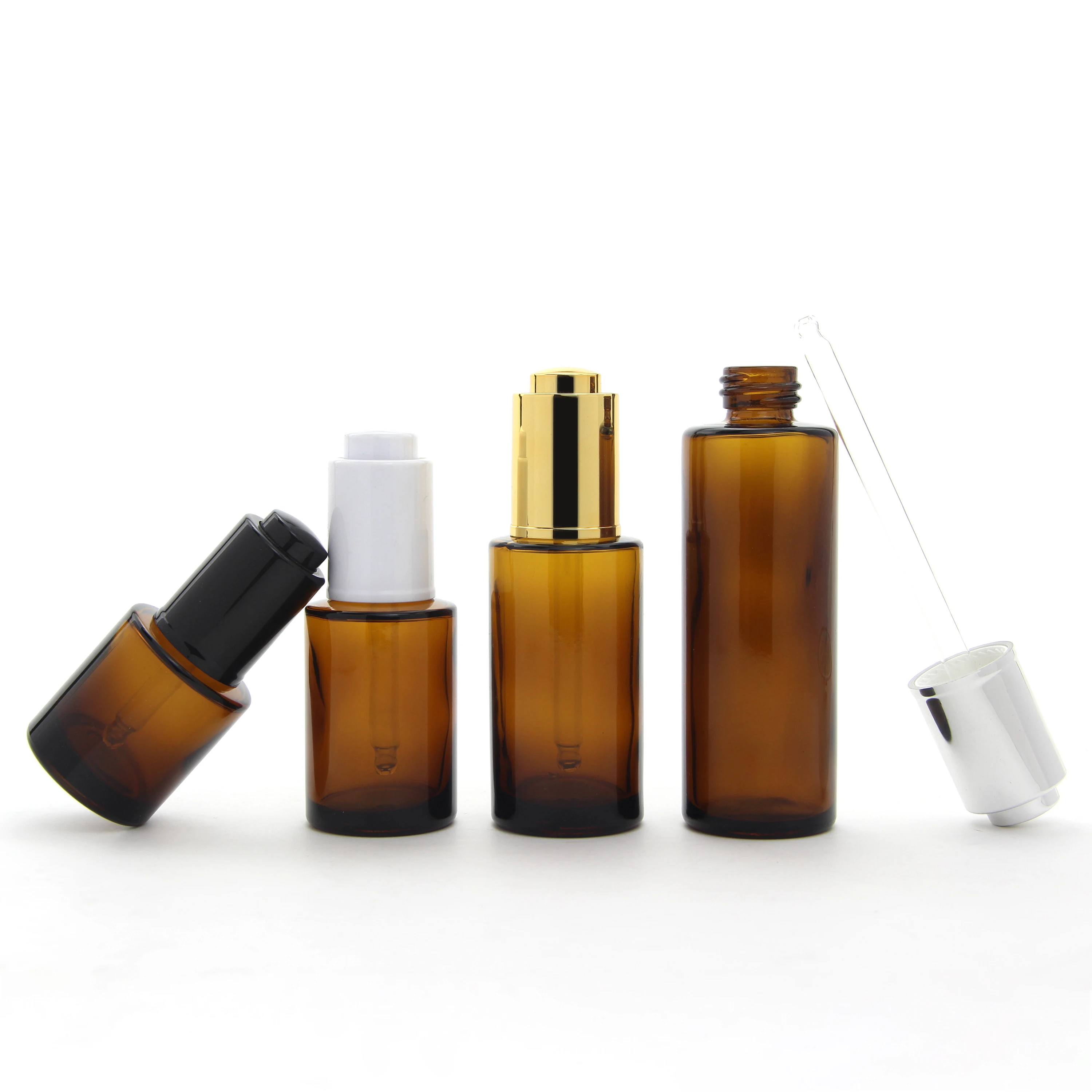 Flat Shoulder Brown Amber Serum Dropper Glass Bottle 20 30 40 60 ml Hair Oil Bottles with Gold Silver Black White Cap