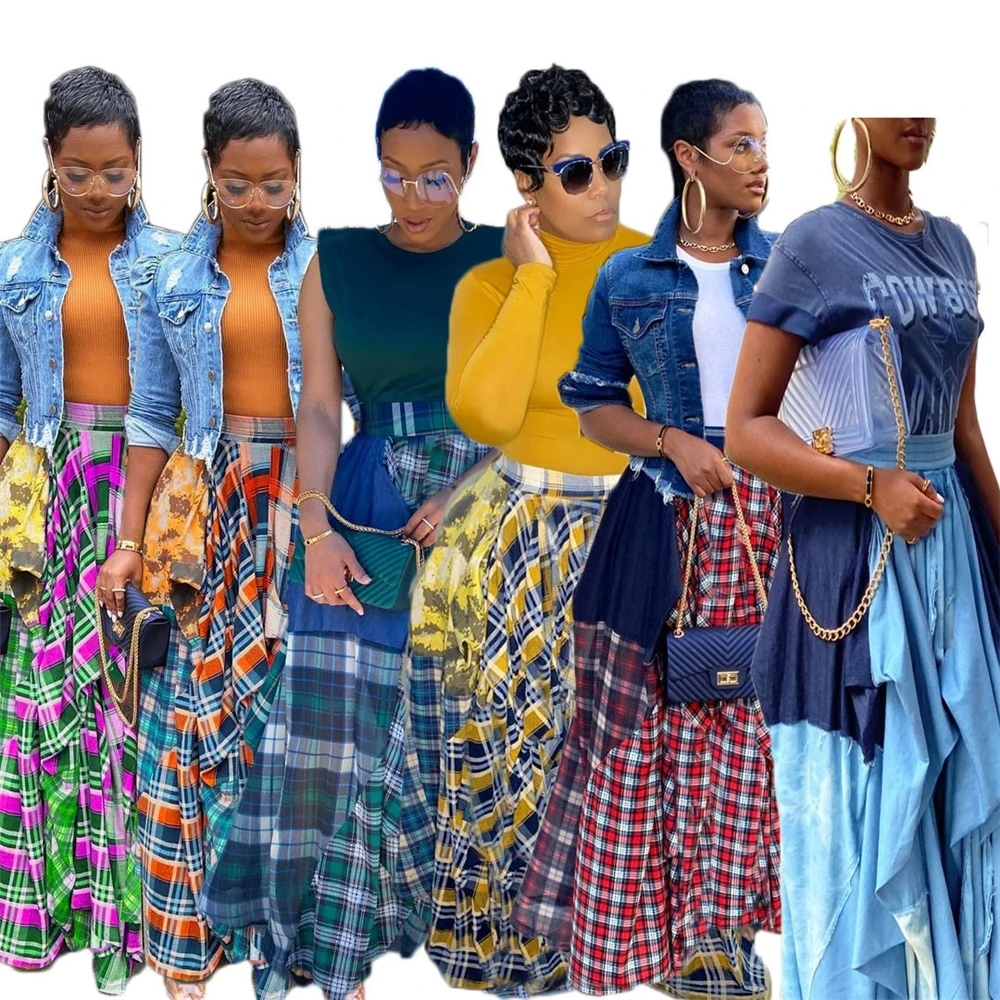 ANSZKTN Fashion Women Irregular  Long Skirt High waist Casual Loose Printed Plaid Plus Size Skirt Maxi Skirts