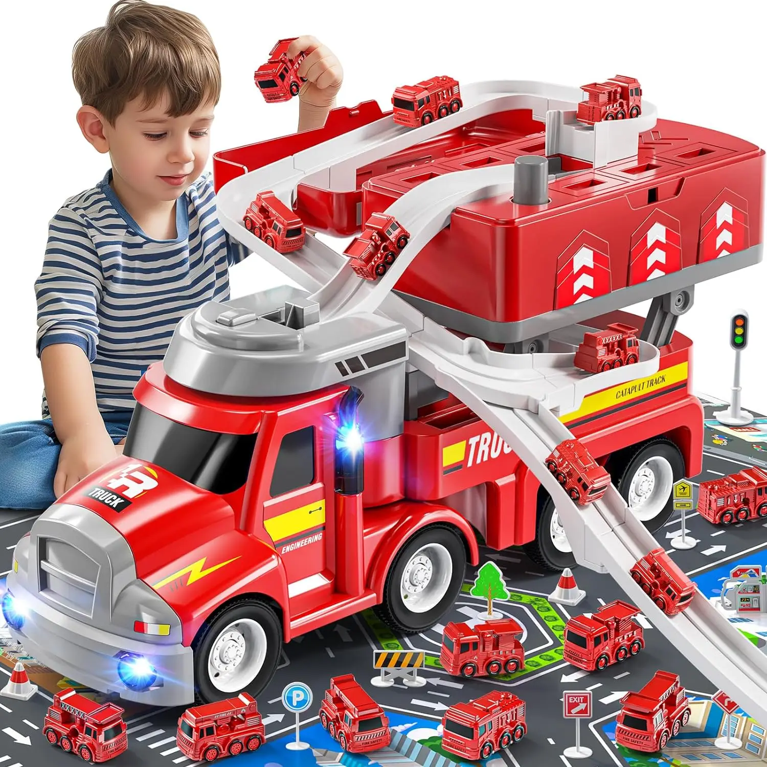 TEMI Fire Truck Kids Toys for 3 4 5 6 Year Old Boys, Car Carrier Toy with 8 Mini Vehicles, Movable Truck Station Toys Race Track