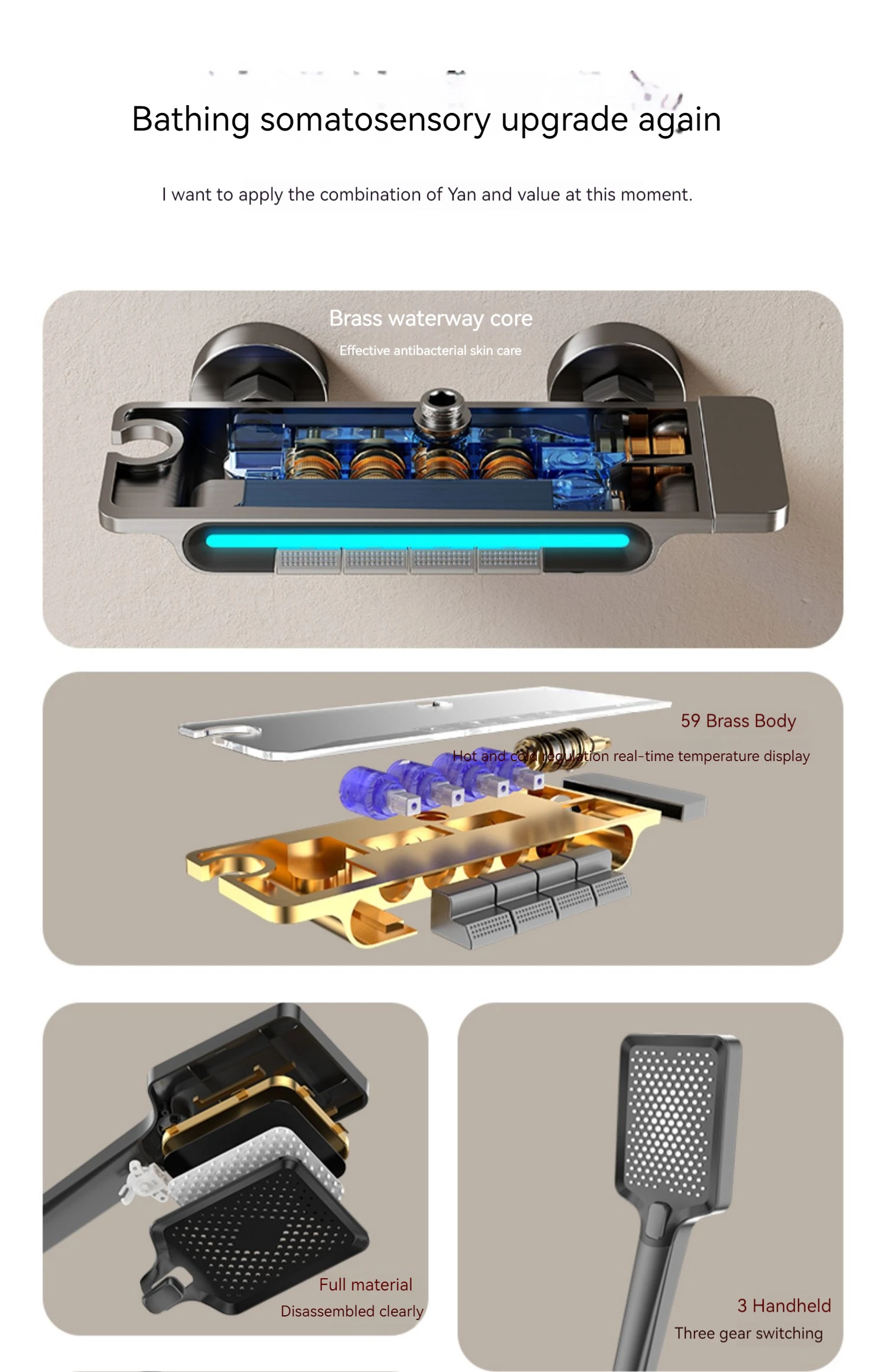 Adjustable Square Thermostatic Bath Shower Faucet Bathroom Hot Cold Bathtub SPA Rainfall Modern Smart Shower Set