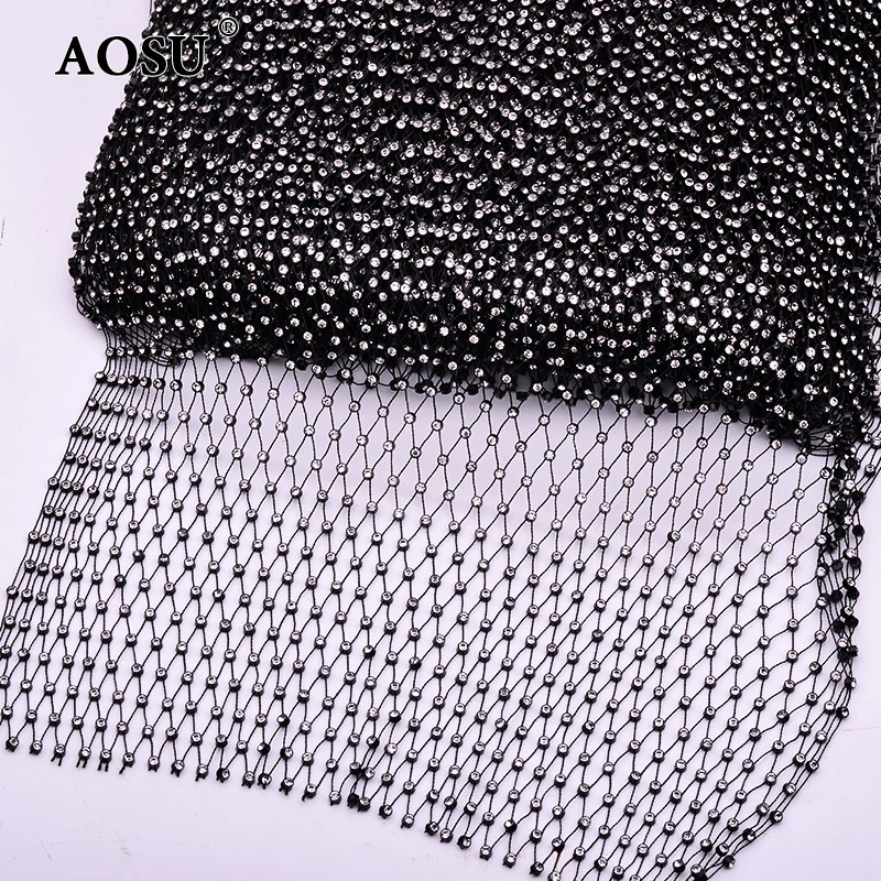 AOSU 1 Meter Clear Glass Rhinestone Mesh Fabric Sewing Crystals Trim Net Stretch Diamond Ribbon Strass Applique For Dress