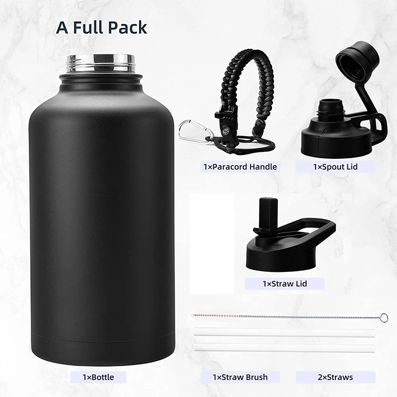 Costom Logo BPA Free Thermos 64 oz Straw Lid Half Gallon Jug Wide Mouth Stainless Steel Sports Gym Water Bottle