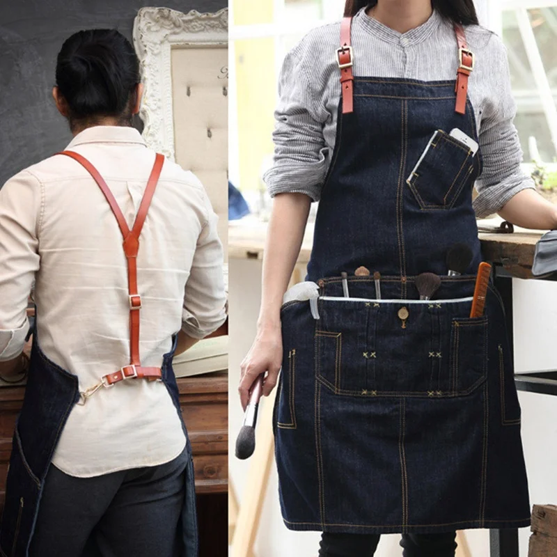 Fashion bartender waiter denim apron with belt apron custom logo hot barista overalls leather shoulder strap unisex