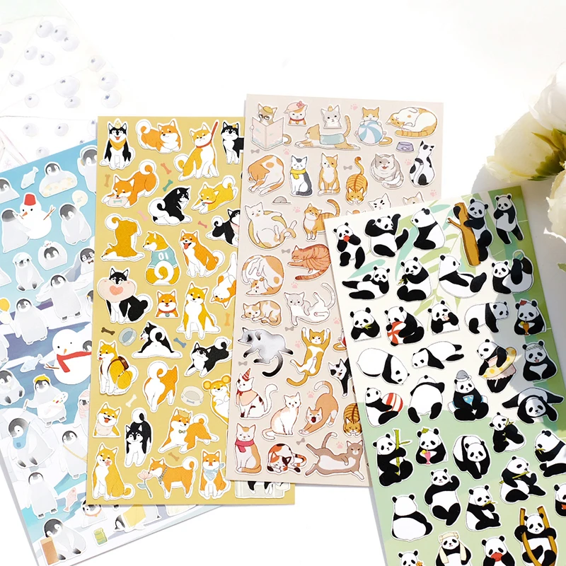 Nekoni PVC Animal Sticker Sheet Penguin Puppy Dog Cat Kitty Panda Puppy Stickers Decal Waterproof Scrapbooking Stickers