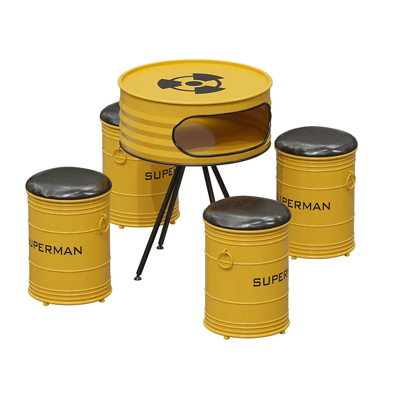 Bar Industrial Style Coffee Shop Western Restaurant Round Iron Oil Drum Table And Chair Set
