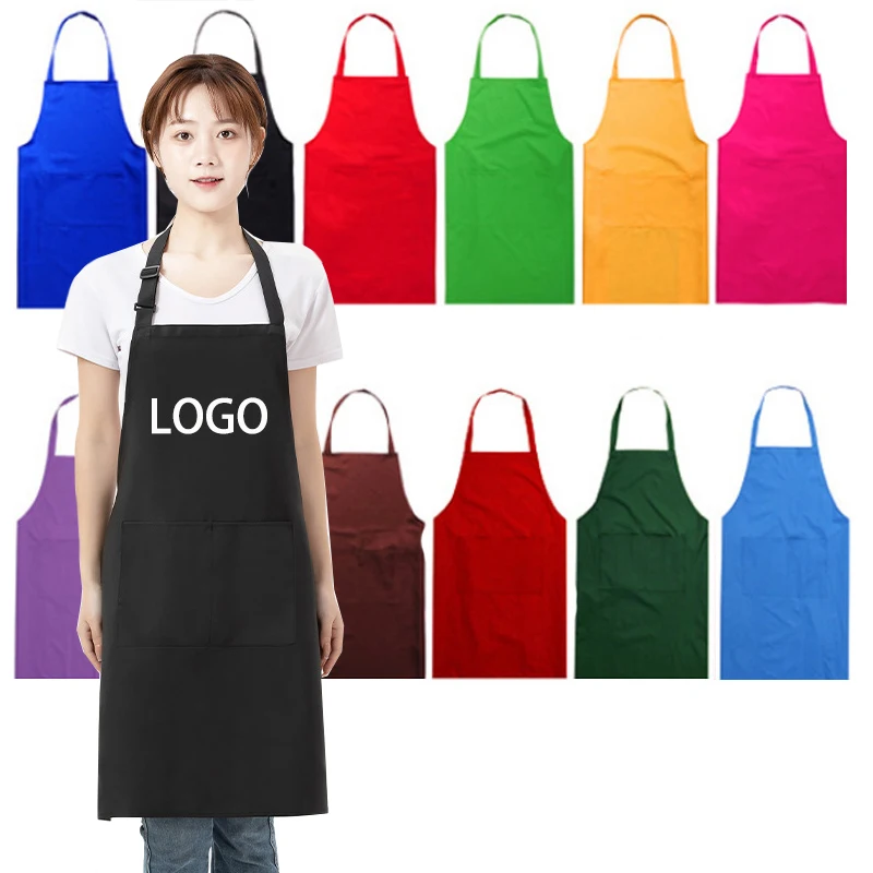 Quality OEM Custom Design Print Logo Black Long Chef Cooking Kitchen Cotton Bib Apron with Two Pockets